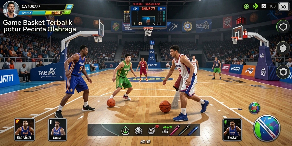 Tampilan utama CATUR777 dengan karakter dan arena basket yang menakjubkan.