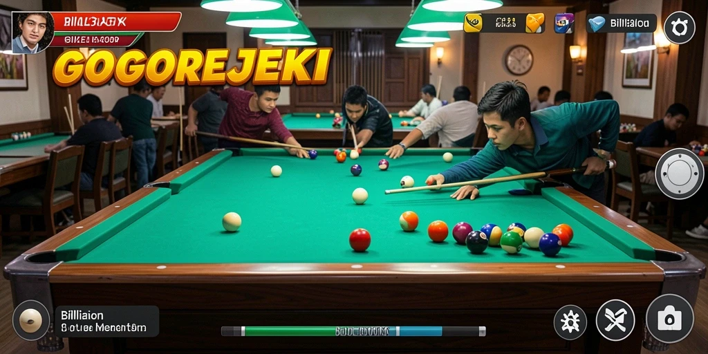Antarmuka GOGOREJEKI yang menarik dengan tampilan meja billiard.