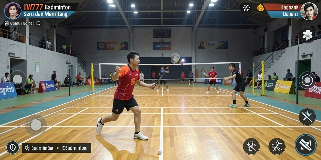 Screenshot menunjukkan antarmuka permainan badminton yang menarik dan interaktif.