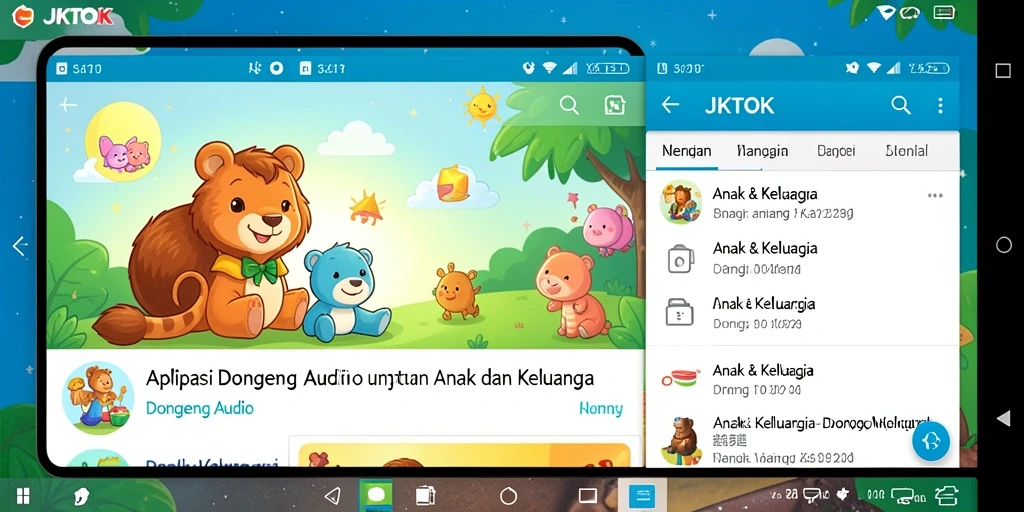 Antarmuka JKTOK dengan pilihan dongeng audio untuk anak-anak.