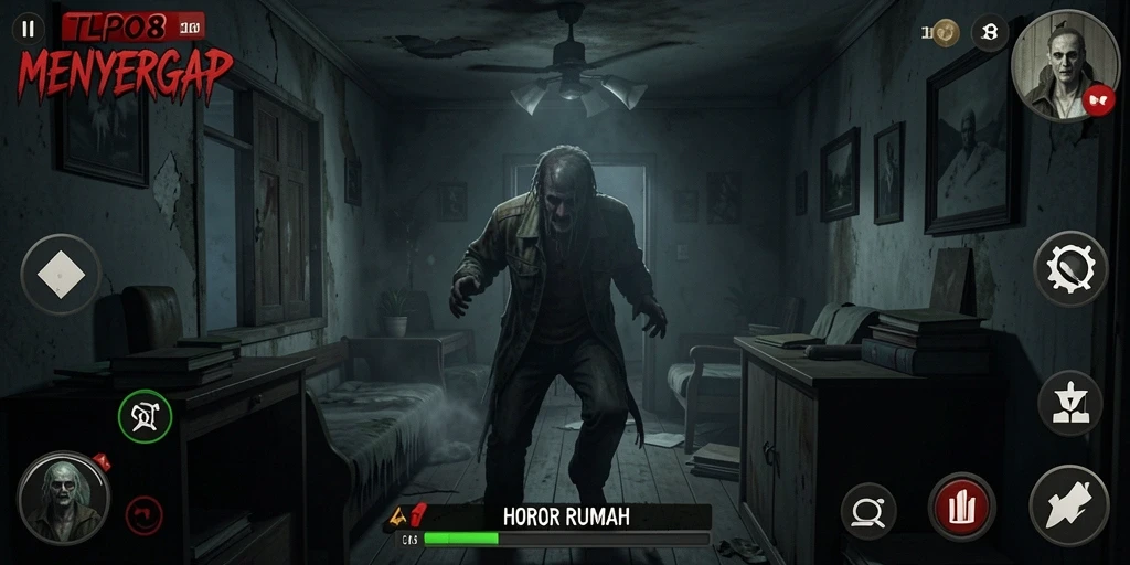 Antarmuka menakutkan dari game LPO88 dengan nuansa horor rumah.